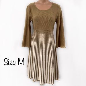 Calvin Klein Bell Sleeves Tan & White Knit Sweater Dress Size M